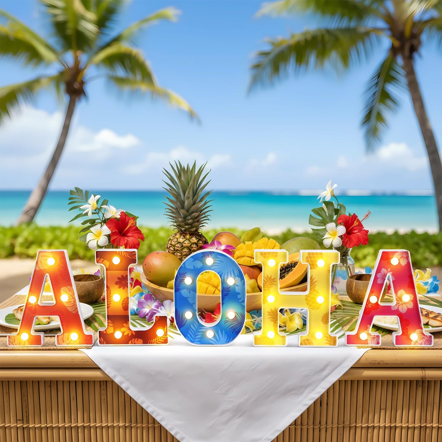 Grinsvalley Hawaiian Luau Party Decorations Aloha Light up Sign Summer Aloha LED Marquee Letter for Party Decorations Hibiscus Tropical Alphabet Letter Summer LED Lights for Wedding Night Birthday