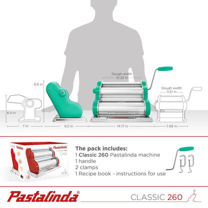 PASTALINDA Classic 260 Pasta Maker Machine, 26 cm Wide Rollers, 9 Thickness Positions, 2 Cutting Positions, Stainless Steel. Includes Reinforced Hand Crank And Two Clamps (Green)