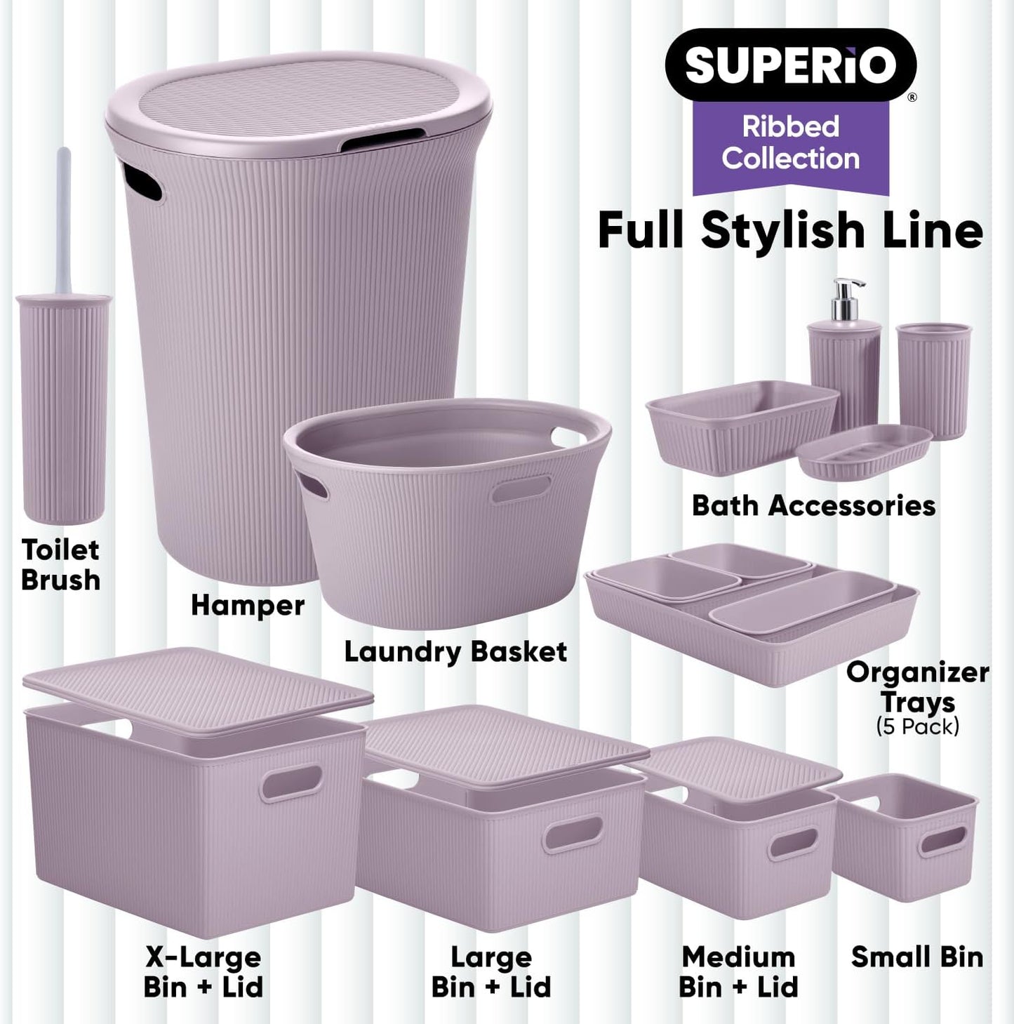 Superio Ribbed Collection - Decorative Plastic Open Home Storage Bins Organizer Baskets, Lilac Purple (Set of 3) 1
