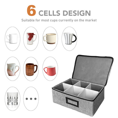HURZMORO Cup and Mug Storage Box with Dividers – Stackable Hard Shell Organizer with Zipper Lid and Handles, Holds 6 Coffee Mugs or Tea Cups, Ideal for Moving and Packing(Grey)