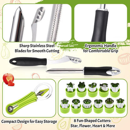 LemonRoad 15 Pcs Fruit Vegetable Coring Carving Tool Set Include Stainless Steel Peeler Carving Knife Melon Baller and 9 Shape Cutters for Home Kitchen Lunches Party Platters Creative Cooking