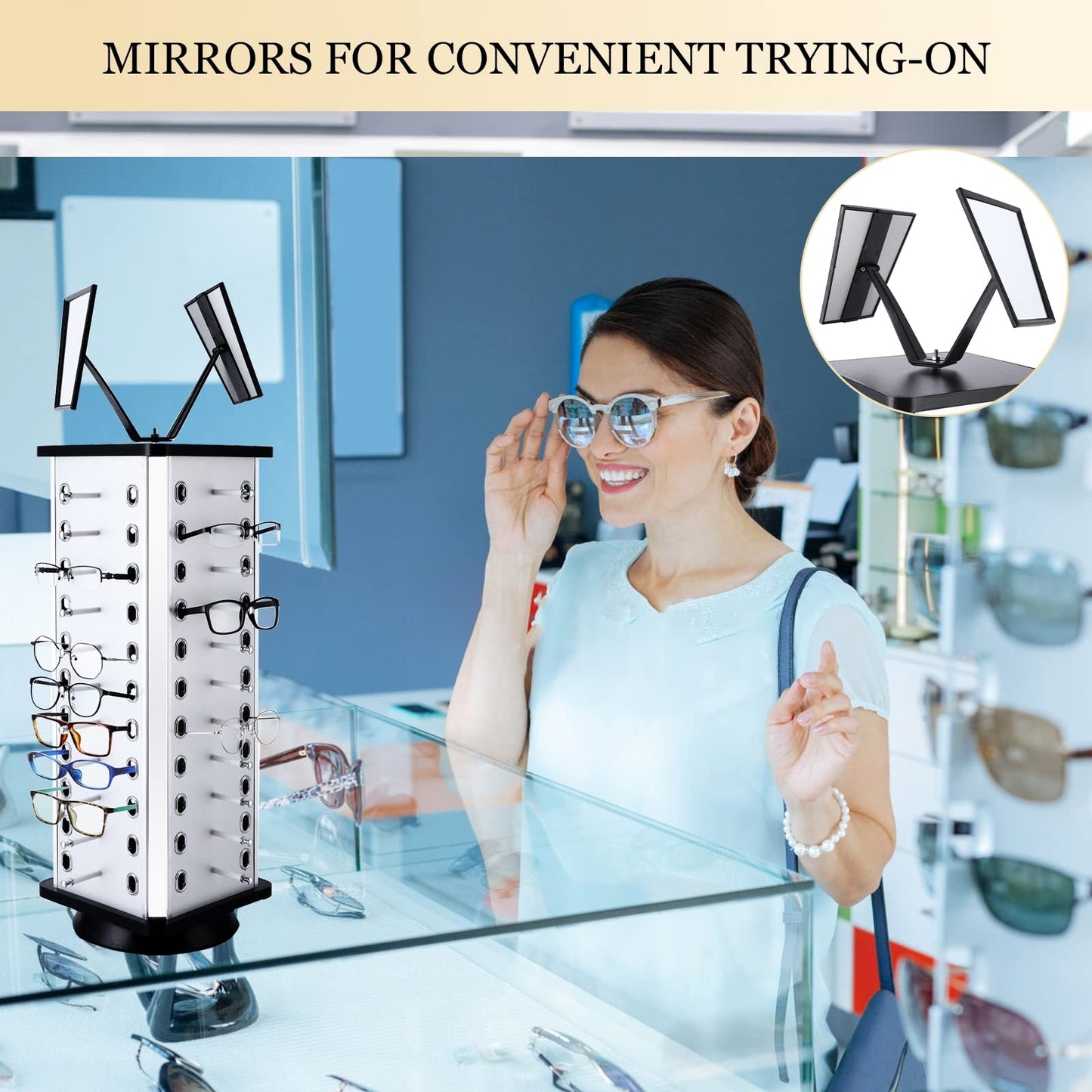 VARIPOWDER 360° Rotating Sunglass Display Stand – Sunglasses Organizer for Commercial & Home Use, Eyeglass Holder Stand, Space-Saving Sunglasses Display Rack with Mirror for 44 Pairs of Glasses