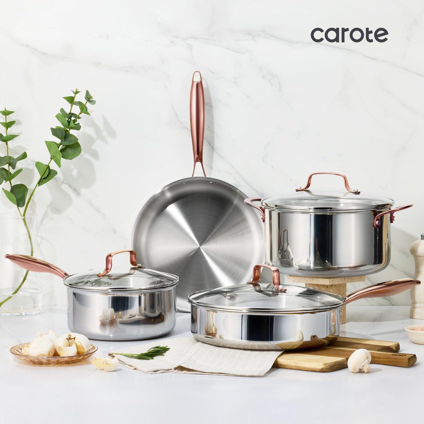 CAROTE 8"+10" Stainless Steel Frying Pan Set, Non-Toxic PTFE & PFOA Free Fry Pan & Omelet Pan, Oven Safe, Compatible with Induction, Ceramic, Gas Cooktops, Gold