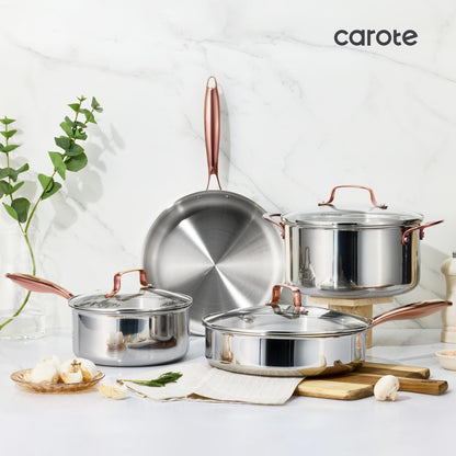 CAROTE 8"+10" Stainless Steel Frying Pan Set, Non-Toxic PTFE & PFOA Free Fry Pan & Omelet Pan, Oven Safe, Compatible with Induction, Ceramic, Gas Cooktops, Gold