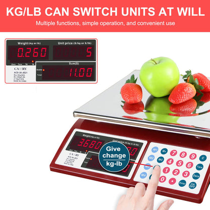 CAMRY Price Computing Scale Commercial Food Scale 66lb / 30kg Fruit Meat Produce, Dual Bright LED Display Stainless Steel Platform, for Deli Farmers Markets Restaurant