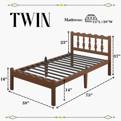 Bednowitz 14 Inch Twin Bamboo Bed Frame with Mid-Century Wavy Headboard, Heavy Duty Solid Wood Platform Bed with Metal Slats, Noise-Free, Easy Assembly, Walnut Finish