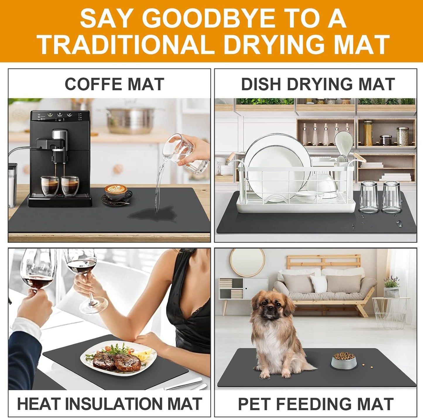 Dish Drying Mats for Kitchen Counter, Waterproof Mat for Coffee Bar Accessories, Deep Gray 16"*19"