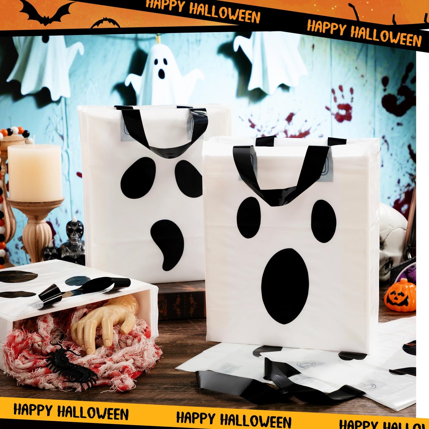 Gersoniel 100 Pieces Halloween Plastic Gift Bags with Handle Treat or Trick Ghost Tote Bags Candy Goodie Bag for Home Treat or Trick Halloween Party Favor Supplies Decoration
