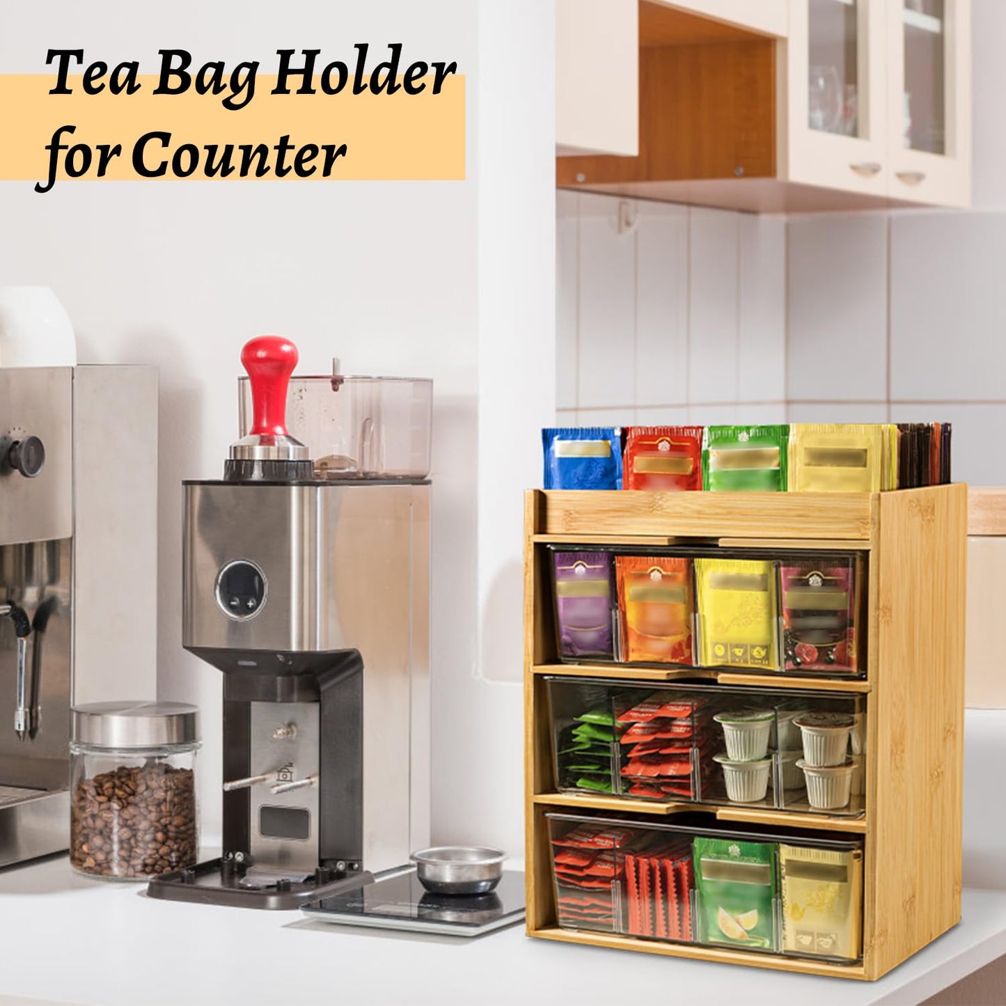 TIMIEEYA Tea Bag Organizer - Bamboo Tea Storage With Drawer 3 Layer, Organizer for Tea Bags Natural Wood & Acrylic for Countertop Office Kitchen Cabinet Pantry