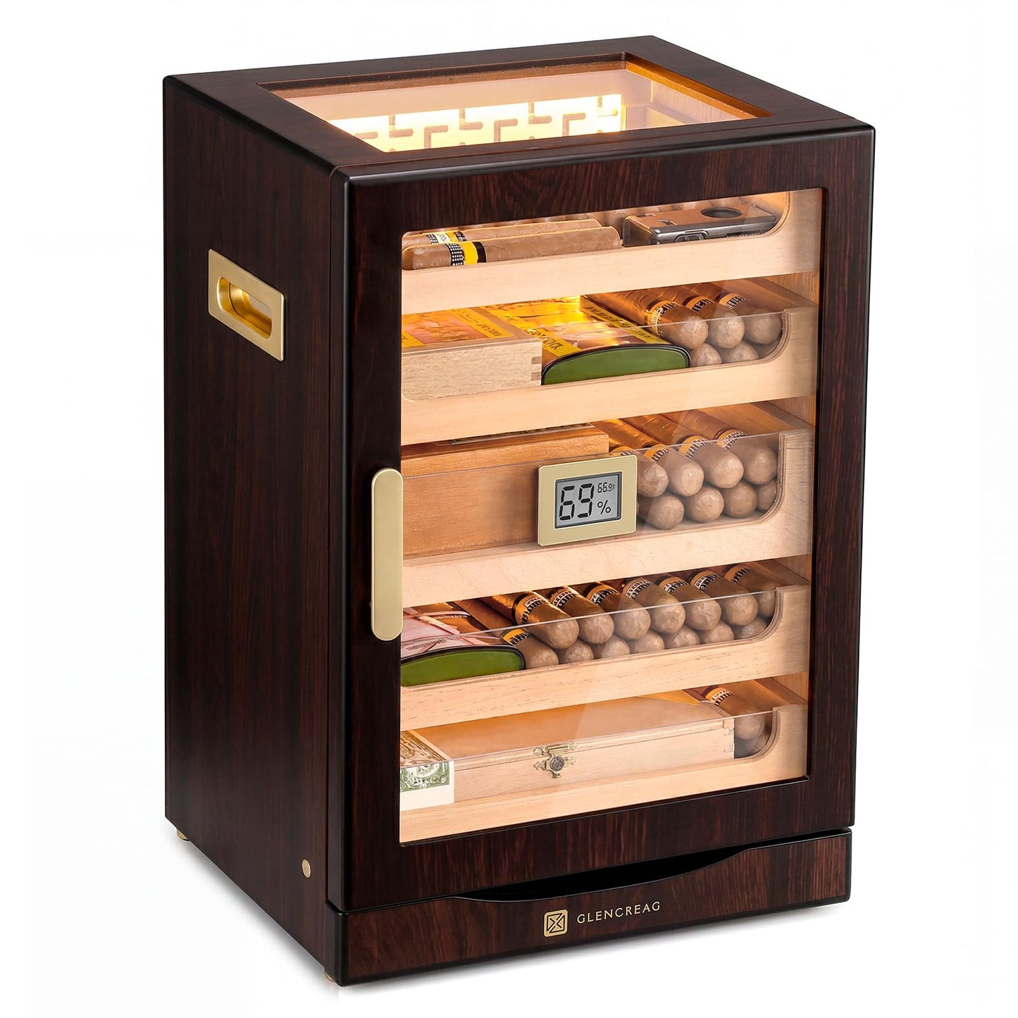 GLENCREAG M26FM-B Cigar Humidor Cabinet for 250 Cigars – Spanish Cedar Lining, Digital Hygrometer, Magnetic Seal, 5 Drawers & Accessory Storage, Transparent Top View Window– Gift for Cigar Aficionados