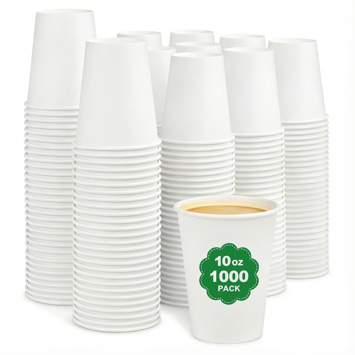 Nosttuff Coffee Cups 10 oz 1000 Pack - Leakproof & Sturdy Disposable Paper Cups for Hot & Cold Drinks (BPA Free), Bulk White Paper Cups for Office, Home, Cafe, Party, Events