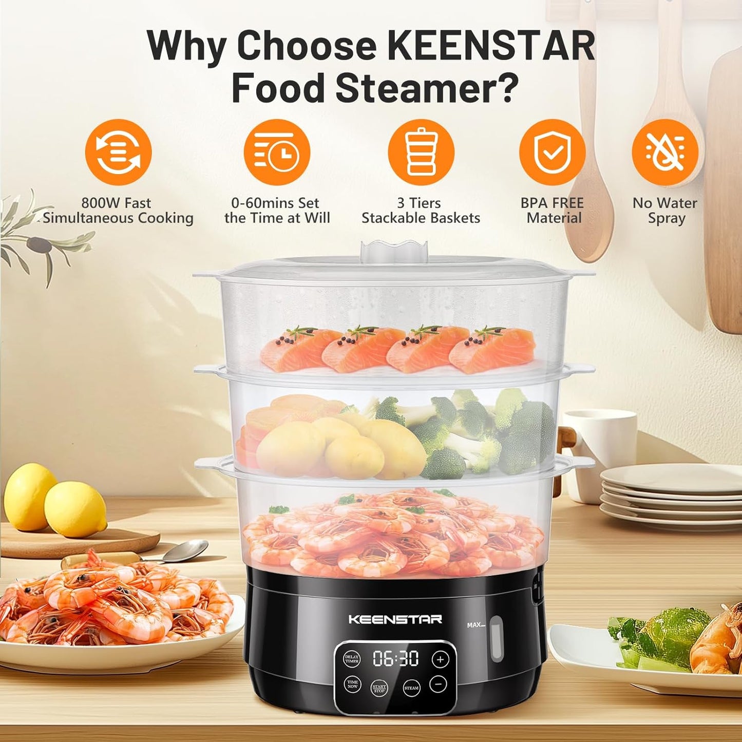 13.7QT 3 800W Electric Food Steamer for Cooking, Vegetable Steamer with Tiers BPA-Free Baskets, Digital Steamer