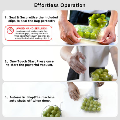Mehomeli Compact Vacuum Sealer for Food (Vacuum Sealer Machine + 30 Reusable Vacuum Bags), Powerful Handheld Vacuum Sealer Machine, Seal Food 6X Fresh Longer, Portable & Wireless, Easy-Clean