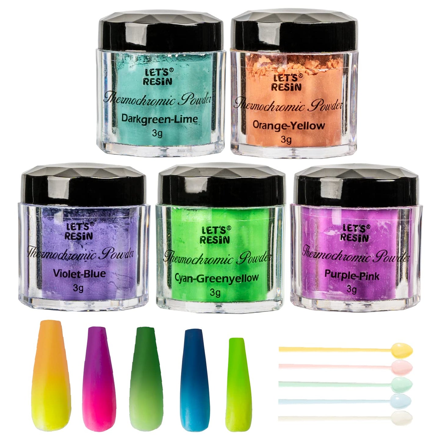 LET'S RESIN Thermochromic Pigment Powder Temperature Activated that Changes at 88°F-5 Colors Changing Powder for Nail Polish, Paint, Slime, Epoxy, Resin, Ink, Fabric Art, Casting-3 Gram Each