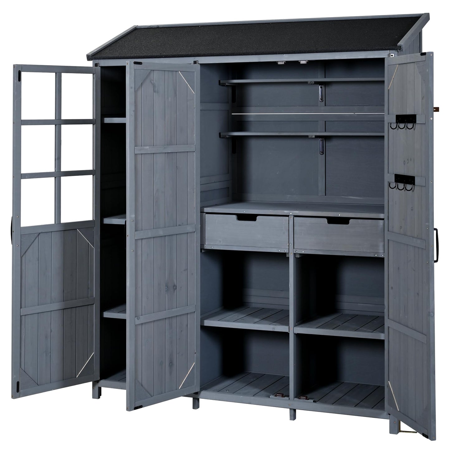 Merax Outdoor Wood Large Garden Storage Shed with Waterproof Roof, Patio 3 Doors Storage Cabinet with Workstation, 7 Storage Shelves, 2 Drawers and 6 Hooks for Backyard, Gray