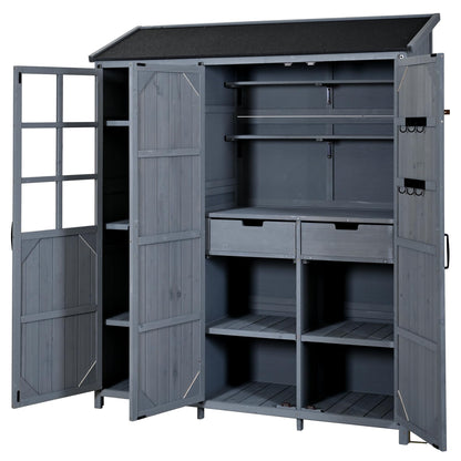 Merax Outdoor Wood Large Garden Storage Shed with Waterproof Roof, Patio 3 Doors Storage Cabinet with Workstation, 7 Storage Shelves, 2 Drawers and 6 Hooks for Backyard, Gray