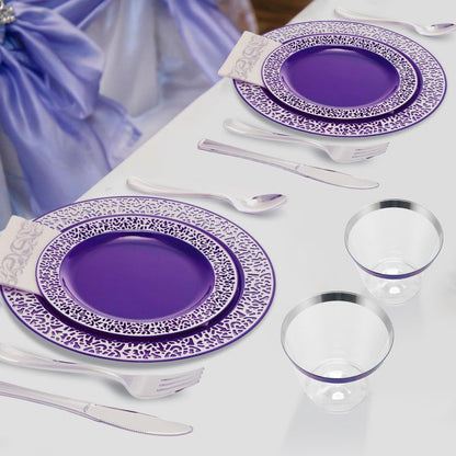 Norme 350 Pcs Purple Silver Plastic Dinnerware Set for 50 Guests Includes 50 Dinner Plates 10.2", 50 Plates 7.5", 150 Silverware Set, 50 Plastic Cups and 50 Napkin Disposable Plate for Wedding