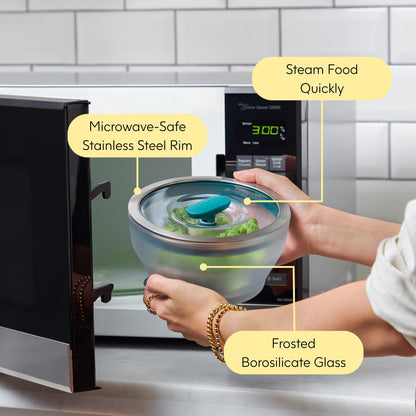 Anyday 4-Pc Microwave Cookware & Glass Food Storage Set with Glass Lids | Medium Plastic-Free Containers | Stackable Steamer with Vented Lid for Microwave-Safe Reheating & Steaming Vegetables, Rice