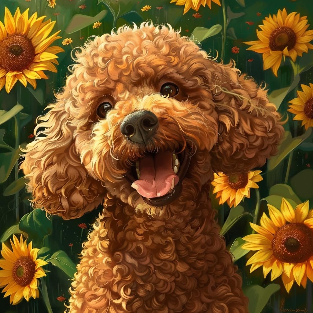 Cute Brown Poodle Dog in Sunflowers 5D Diamond Art Painting by Number Kits for Adults DIY Paint with Full Drill Round Diamond Gems Painting Art Craft for Home Wall Decor 13.8x13.8in(3)