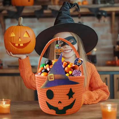 Halloween Pumpkin Basket for Kids, Woven Rope Candy Basket, Halloween Decorations, Small Woven Rope Basket bins, Orange