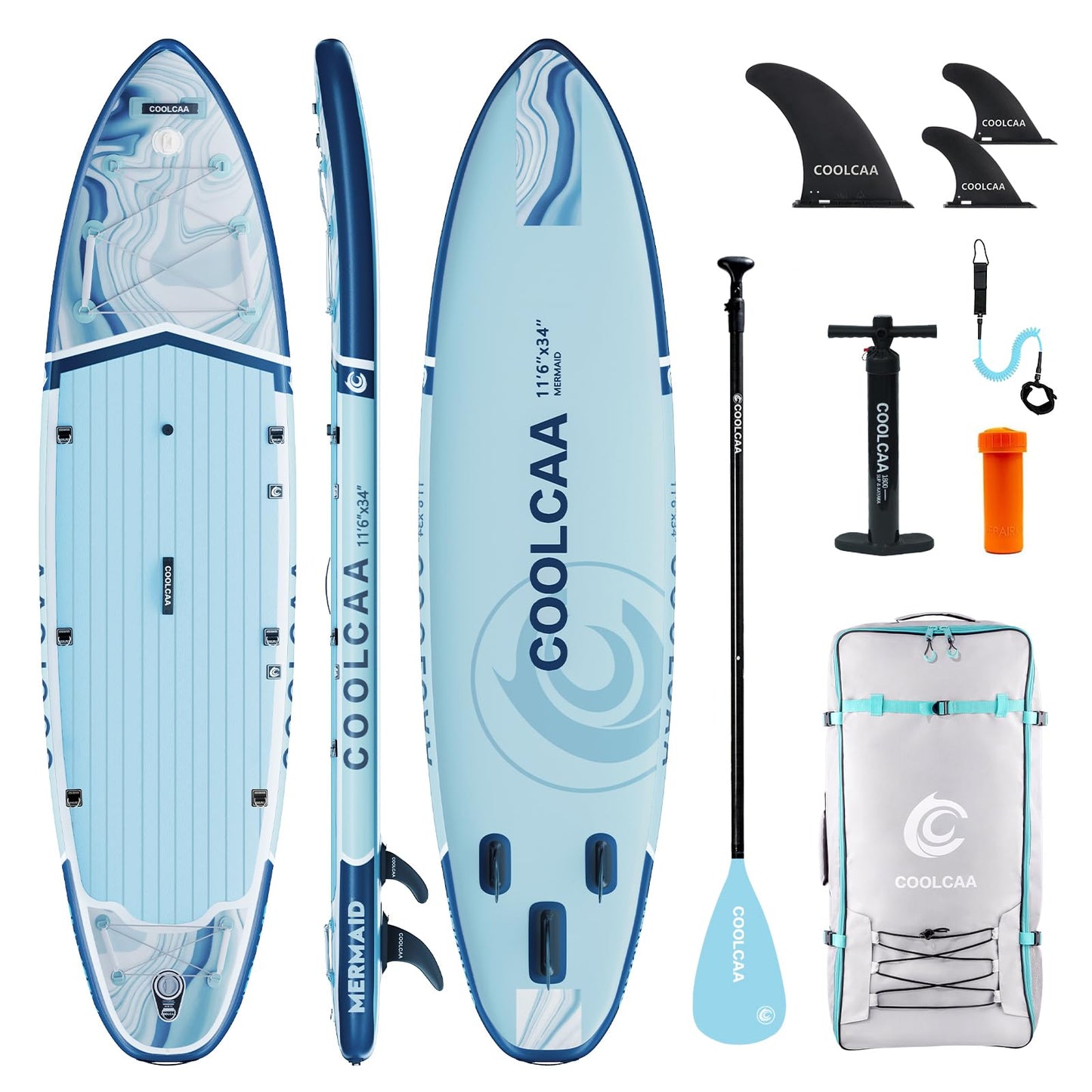 COOLCAA Mermaid 11'6" Inflatable Stand-Up Paddle Board, 490Lbs Capacity SUP Board with 34'' Extra Wide, Fishing Paddleboard with Accessories & Bag for Adults Youth (Ocean Stream)