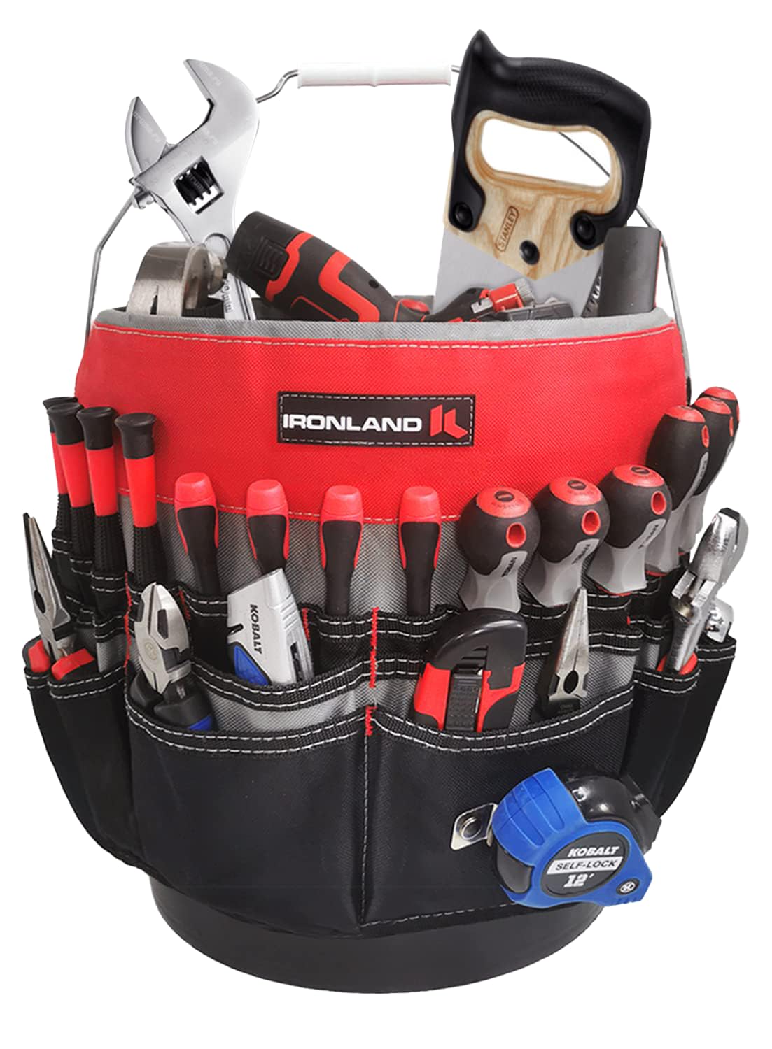 IRONLAND Bucket Tool Organizer Fit 3.5-5 Gallon Bucket, 51 Pockets, Bucket Tool Caddy Organization for Garden, Construction, Carpenter, Electrician, Welding, Builder Red & Black