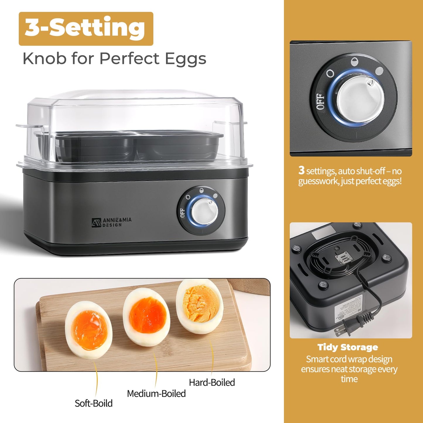 Annie & Mia Design Stainless Steel Electric Rapid Egg Cooker, 8 Egg Capacity 500W, Soft/Medium/Hard Boiled Egg Boiler Poacher Steamer Omelet Maker, Knob Auto Shut-Off, with Recipe Guide Book (Black)
