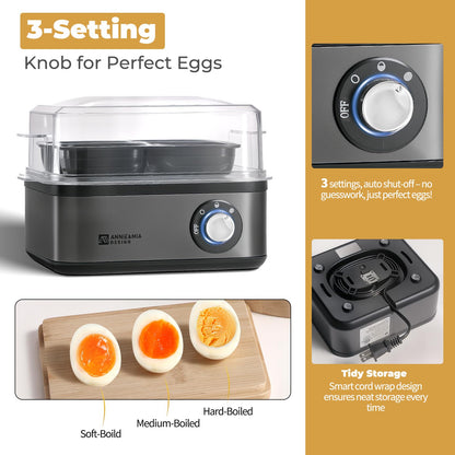 Annie & Mia Design Stainless Steel Electric Rapid Egg Cooker, 8 Egg Capacity 500W, Soft/Medium/Hard Boiled Egg Boiler Poacher Steamer Omelet Maker, Knob Auto Shut-Off, with Recipe Guide Book (Black)