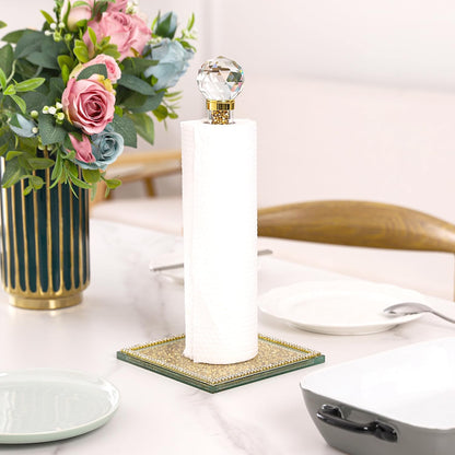 Hochance Gold Crystal Standing Paper Towel Roll Holder Countertop Weighted Rack,Glam Cute Bling Rhinestone Jeweled Diamonds Modern Decoration Christmas Housewarming Gifts for Kitchen Home Bar