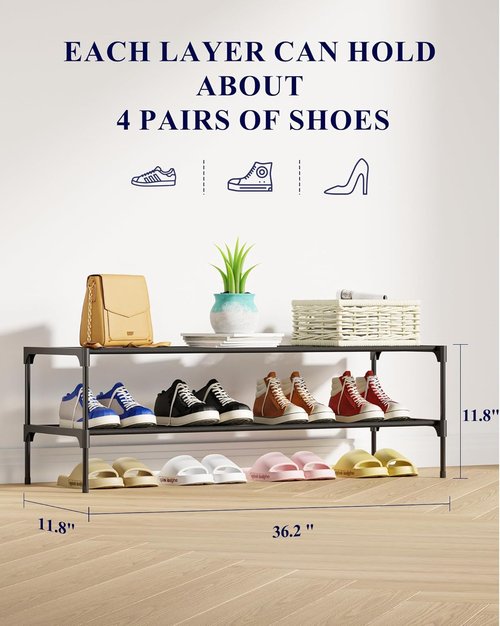 Kitsure Shoe Rack - Stackable Non-Woven Shoe Organizer for Closet & Entryway | 36.2" Wide - Black