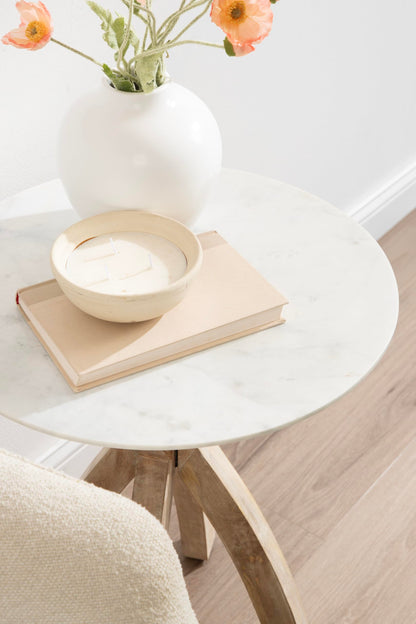 Kate and Laurel Soleyn Coastal Wood and Authentic Marble Side Table, 20 x 20 x 24, White Marble and Light Natural, Round Marble End Table for Use as Bedroom Nightstand or Living Room Accent