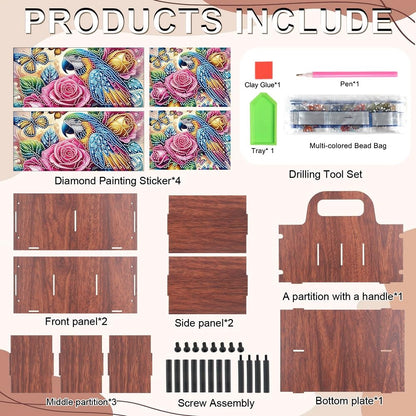 DIY Diamond Painting Storage Box Parrot and Rose Design, Diamond Art Wooden Organizer with Handle and 5 Compartments, Portable Desktop Craft Storage Basket for Art Supplies