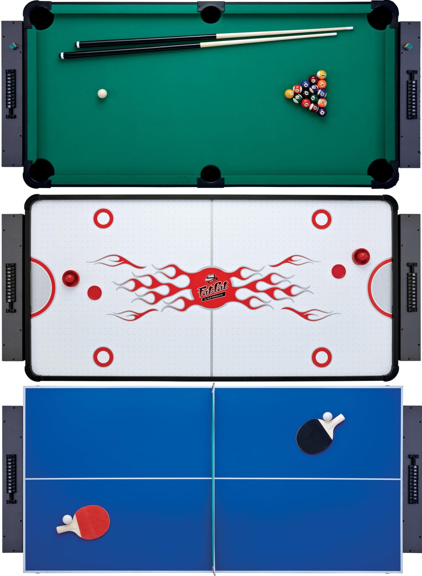 Fat Cat 3-in-1 6 Foot Flip Multi Game Table, Air Hockey Table, Pool Table, and Table Tennis Combo with 110V Motor, Includes Accessories