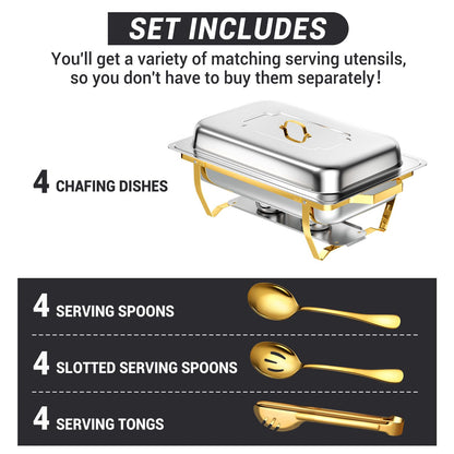 Keyoxy Chafing Dishes for Buffet, 8 Qt High Grade Chafing Dish Buffet Set, Rolled-Edge Design Food Warmers for Parties, Buffet, Wedding, Birthday, Camping 4 Pack 4 Pans [Half Gold]