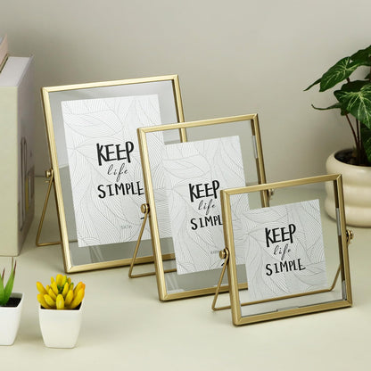 QWORK Gold Floating Picture Fram, Set of 3 Glass Double Panel Metal Frame, Includes 5x7, 4x6, 4x4, Tabletop Display for Postcards Photos Artworks