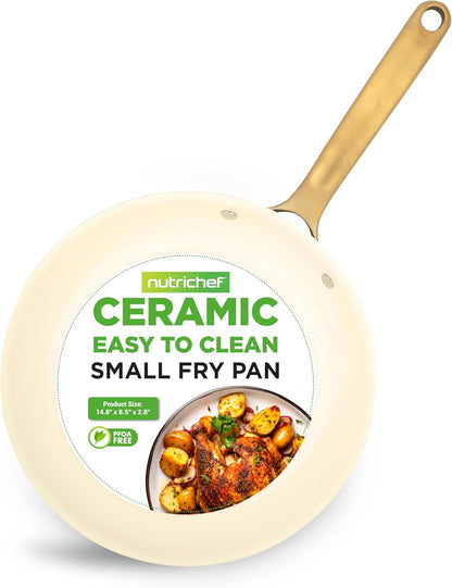 NutriChef 8-Inch Professional Ceramic Frying Pan, Small Skillet with Golden Titanium Handle, Non-Stick