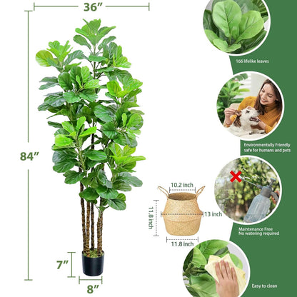 7ft Artificial Fiddle Leaf Fig Tree with Woven Seagrass Plant Basket, Fake Tree Indoor Faux Plant for Living Room Office Floor Home Decor (84 in-2Pack)