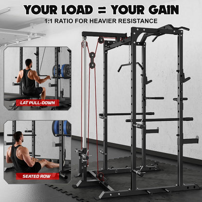 Goimu C1-V4 Power Cage, 2000LBS Squat Rack with LAT Pulldown, Multi-Function Weight Cage Strength Training Machine, Workout Cage with More Attachments for Home Gym Garage (220LBS BK Home Gym Package)