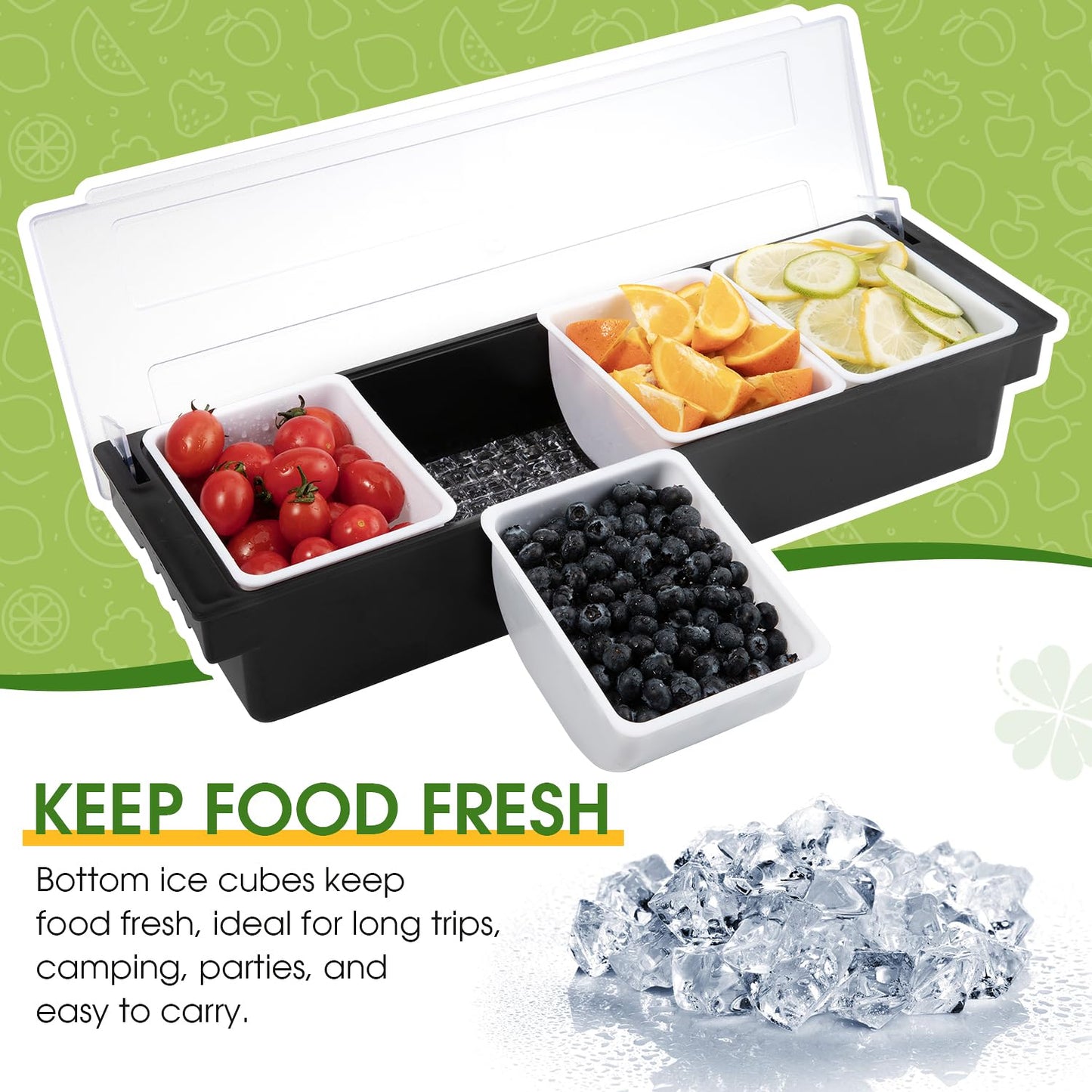 POWLAB Fruit, Veggie & Condiment Caddy with Lid Dispenser Tray Garnish Station for Bartending & Serving Taco (1, 4 Compartment)