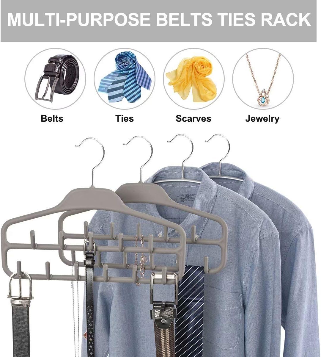 FairyHaus Belt Hanger Organizer 2 Pack, Non-Slip Tie Rack Holder for Belts, Ties, Jewelry, Scarves
