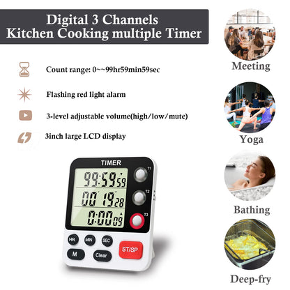 QINFIEY Digital 3 Channels Kitchen Cooking Multiple Timer with Large LCD Count Up Down Stopwatch ON Off Switch Timer for Teaching Reading 3-Level Adjustable Volume with Magnetic Back (Style C)