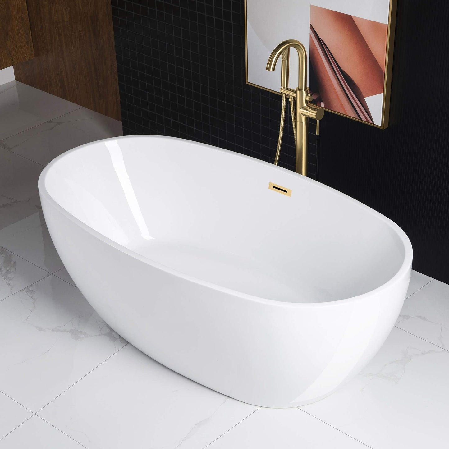 WOODBRIDGE 67" Acrylic Freestanding Bathtub Contemporary Soaking Tub, White Acrylic(Brushed Gold Drain/Overflow),BTA1528-BG
