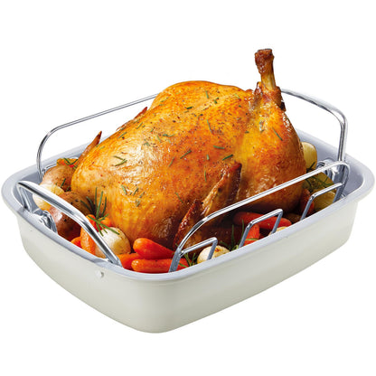 KITESSENSU Large Roasting Pan with Rack - 25 LB Nonstick Turkey Roaster Pan for Oven - Heavy Duty Carbon Steel Roasting Pan with Wider Handles for Chicken, Vegetables & Holiday Meals, Cream