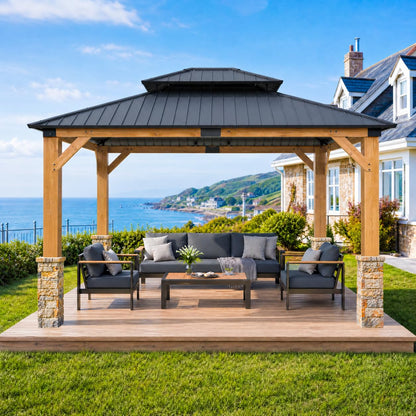10' x 12' Wood Gazebo, Permanent Pavilion with Hardtop Galvanized Steel Double Roof, Cedar Gazebo with 4.72" Thickened Wooden Posts for Poolside, Patio, Backyard, Garden and Deck