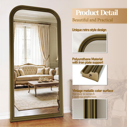 FlyEcho Full Length Mirror with Stand, 71"x32" Full Body Mirror, Floor Length Mirrors Wall Mounted with Rounded Top, Large Standing Mirrors, PU Frame, for Bedroom Living Room Cloakroom, Antique Bronze