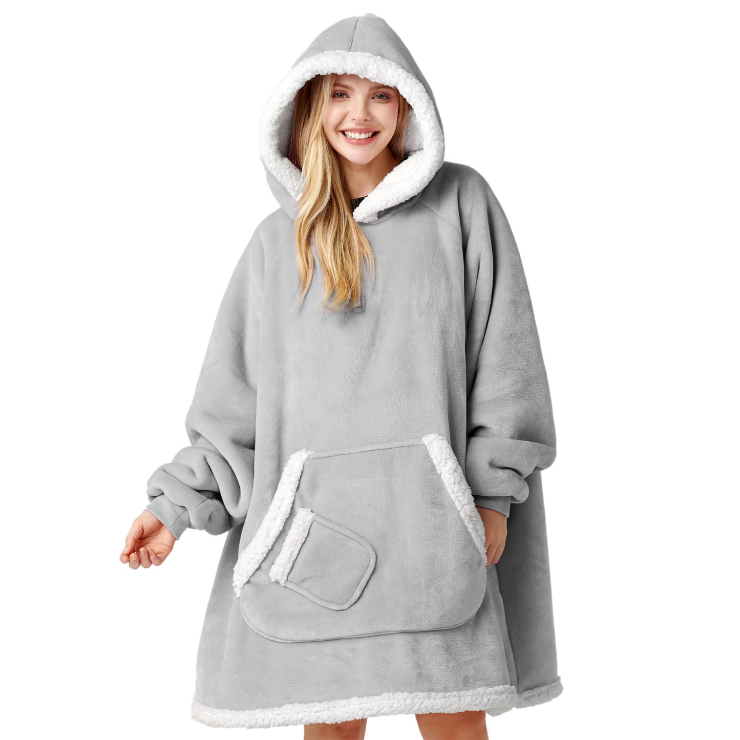 Giggling Getup Wearable Blanket Hoodie for Women Men Gifts for Women Mom Wife Sherpa Fleece Hooded Blanket Sweatshirt Warm Cozy Sherpa Wearable Throw with Pocket & Sleeves for Adult Oversize Gray