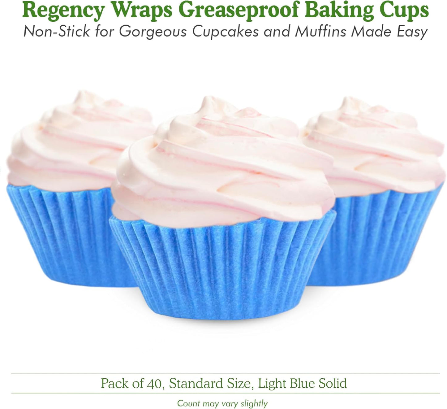 Regency Wraps Standard Baking Cups, Light Blue Solid, Pack of 40, Greaseproof Professional Grade for Cupcakes and