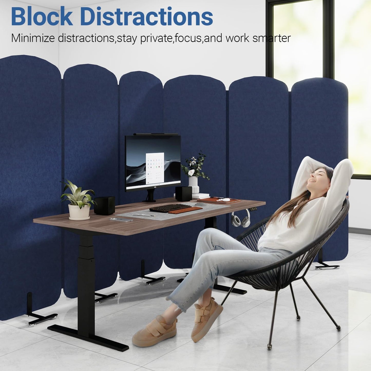 Natwind 5 Panel 122.8 x 71 in Office Room Privacy Protect Space Divider Portable Partition,Wall Folding Cubicle Indoor Freestanding Acoustic Partition Temporary for Office Room, Navy Blue