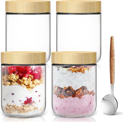 16oz 4 Pack,Overnight Overnight Oats jars Oats Containers with Bamboo Lids for Meal Prep,Wide mouth Mason Glass Salad
