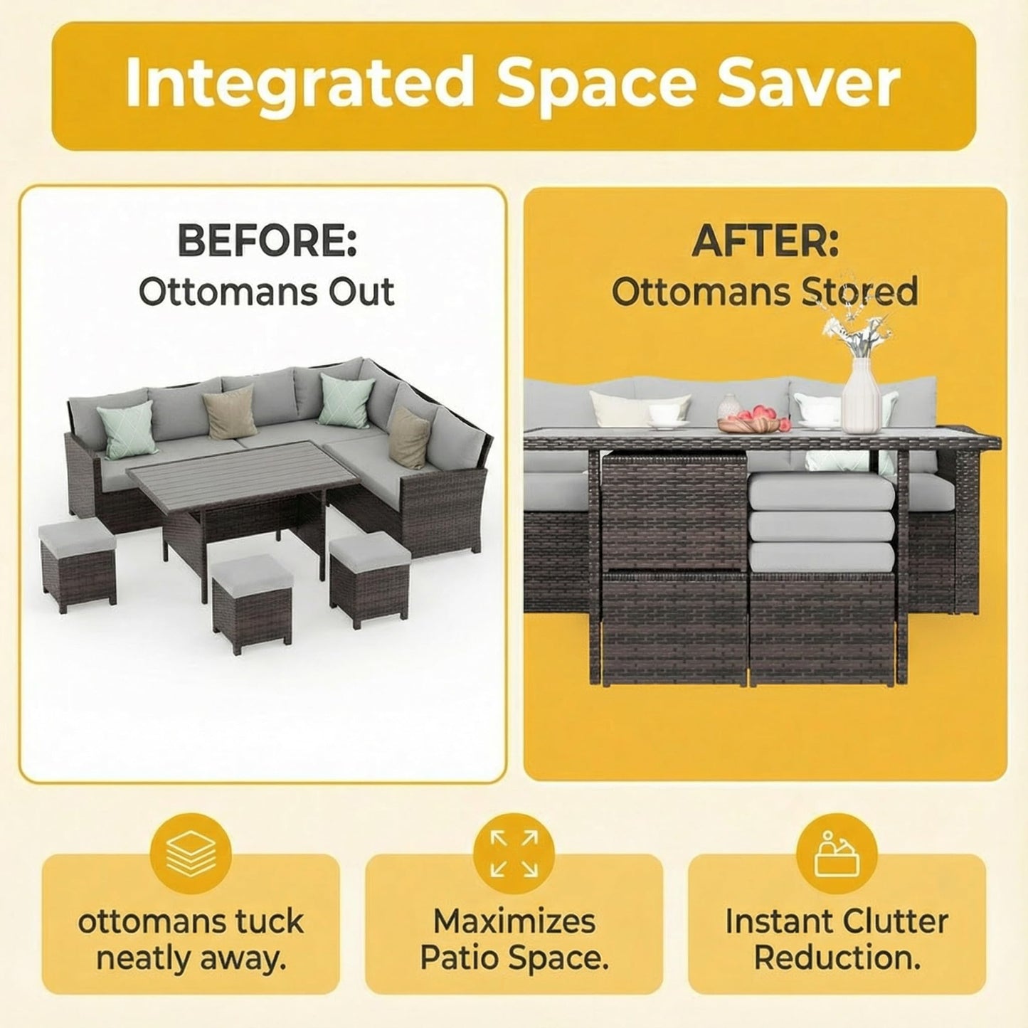 Wisteria Lane 7 Piece Patio Furniture Set, Wicker Patio Sectional with Wide Armrest, All Weather Outdoor Dining Set, Outdoor Furniture Patio Conversation Set with Ottoman, Grey
